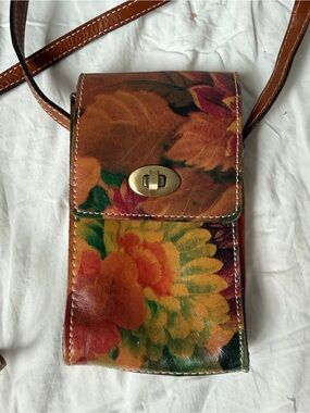 Patricia Nash Brown Floral Leather Crossbody Bag with Multicolor Accents